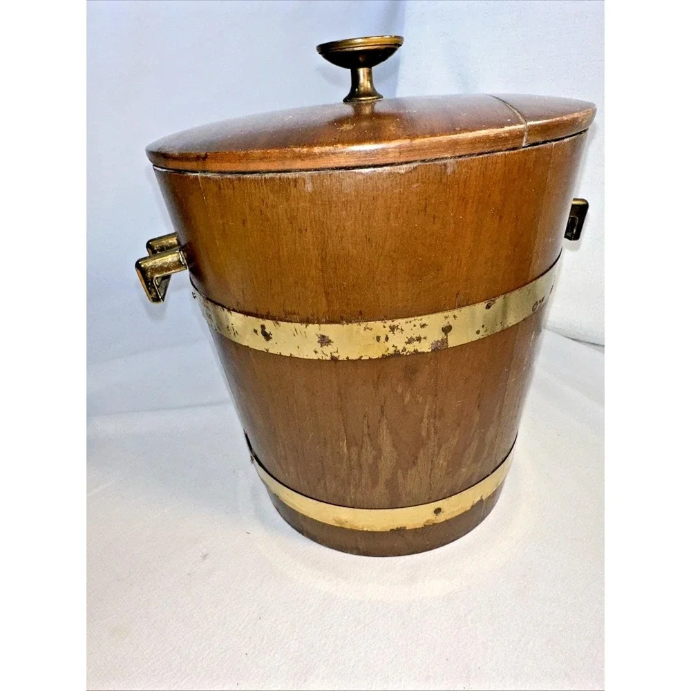 Vintage Mid-century Modern Wooden Barrel Ice Bucket Brass Detail Mancave